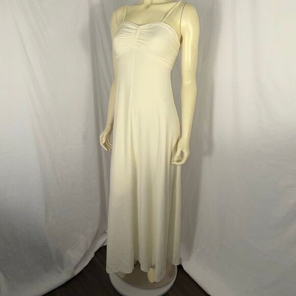 Vintage 1970s Ivory Slip Dress Bias Cut Maxi Gown Ruched Bust Spaghetti Strap Bo - Picture 2 of 15